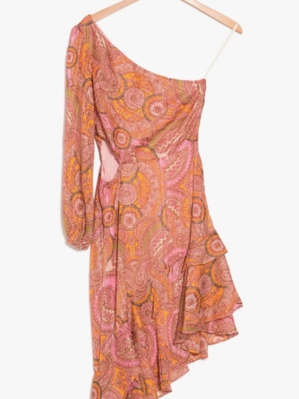 BCBGeneration Asymmetrical One-Shoulder Paisley Dress in Pink and Orange. Size 6